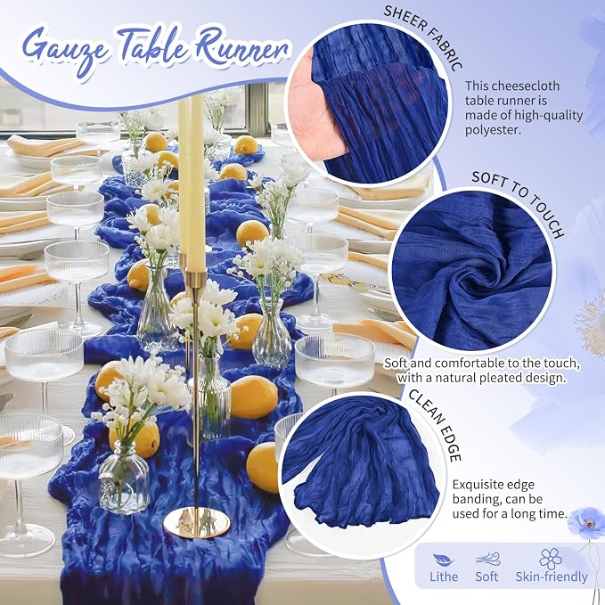 30 Pack Royal Blue Cheesecloth Table Runner 17 x 108 inch Boho Gauze Table Runner Rustic Sheer Cheese Cloth Table Decorations for Wedding Party Baby Bridal Shower Birthday Holiday Home