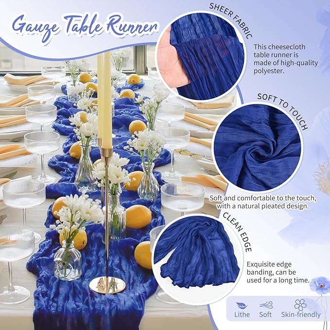 4 Pack Royal Blue Cheesecloth Table Runner 17 x 108 inch Boho Gauze Table Runner Rustic Sheer Cheese Cloth Table Decorations for Wedding Party Baby Bridal Shower Birthday Holiday Home