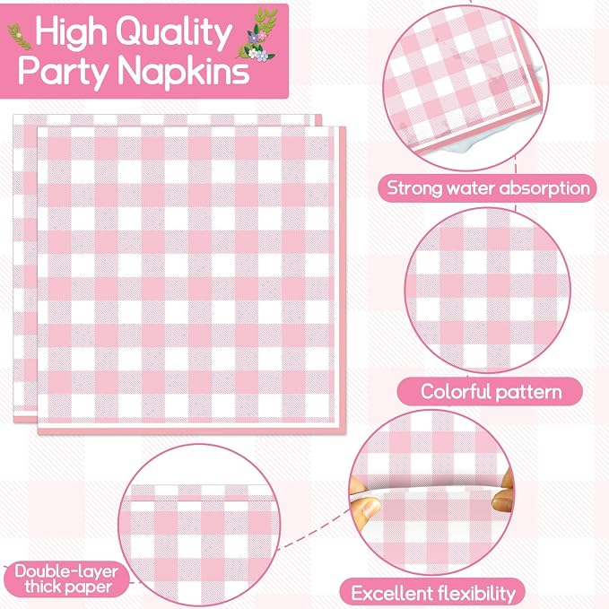 200 PCS Pink Checkered Tableware Disposable Pink And White Checkered Party Supplies Dinnerware Set Plaid Plates Outdoor Supplies Girls Barbecue Picnic Birthday Party Decoration Serve 50 guest