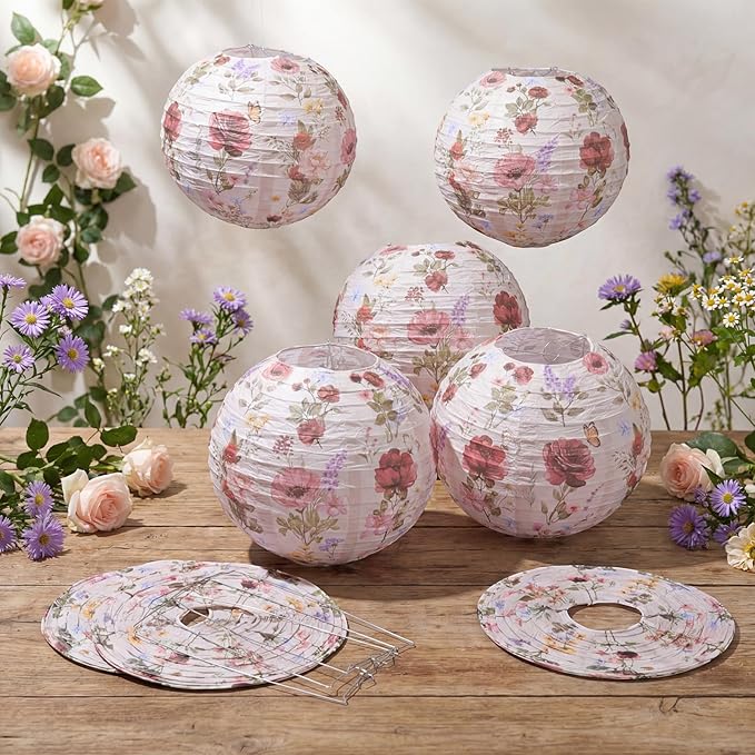 Honoson 12 Pcs Red Rose Paper Lanterns Spring Floral Party Decorations Hanging 10 Inch Chinese Lanterns for Wedding, Bridal Shower, Baby Shower, Tea Party Decorations