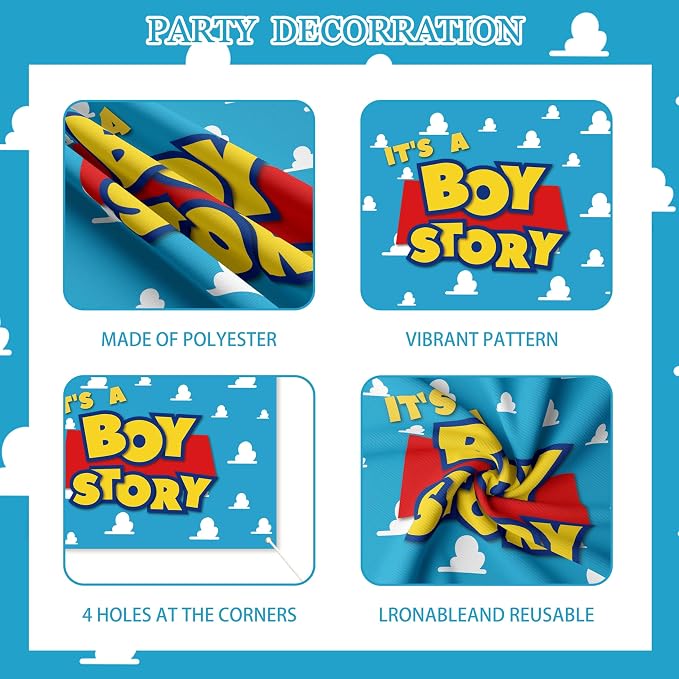 96Pcs Cartoon Toy Theme Baby Shower Decorations for Boy, Cowboy & Space Style Party Supplies with 4 Baby Boxes, Cow Cloud Pattern Balloons, Rocket Foil Balloon & Backdrop for Blue Yellow Red Decor
