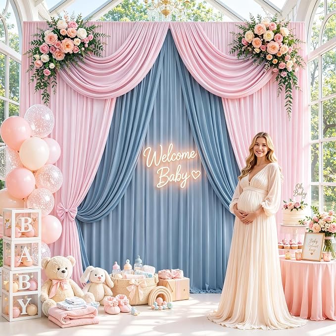 50ft×12ft Pink Backdrop Curtain for Wedding Parties, 10 Panels Wrinkle Free Polyester Photo Backdrop Drapes Back Drop Cloth for Birthday Photography Background