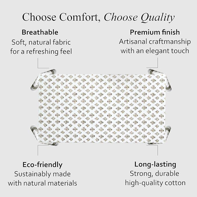 CPC Block Print Tablecloth Fall Green 60"x60" Square 100% Cotton Reusable Table Cover, Everyday Decorative Table Cloth Use for Dining, Farmhouse, Home Gift for Spring, Mother's Day