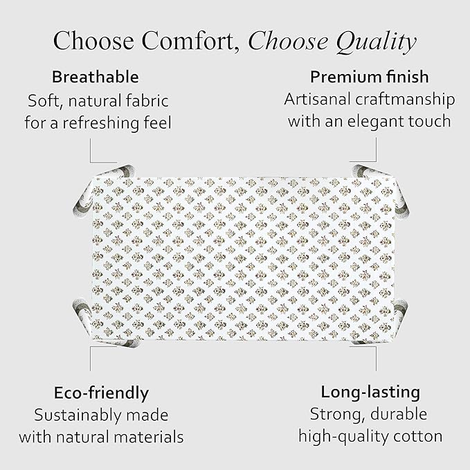 CPC Block Print Tablecloth Fall Green 108"x70" Rectangular 100% Cotton Reusable Table Cover, Everyday Decorative Table Cloth Use for Dining, Farmhouse, Home Gift for Spring, Mother's Day
