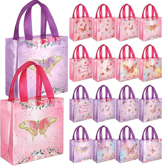 Sweetude 40 Pcs Butterfly Gift Bags Pink and Purple Reusable Totes with Handles Non Woven Butterfly Stylish Candy Bags for Birthday Party