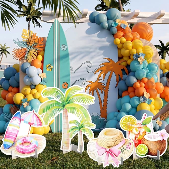 Honoson 4 Pcs Large 32" Summer Beach Party Decoration Cardboard Cutouts, Pool Coconut Tree Yard Signs Photo Booth Prop for Birthday Tropical Swimming Hawaiian Luau Bar Party Supplies