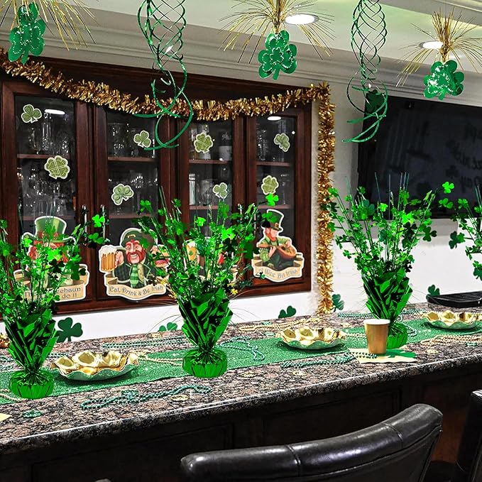 FUBININA 6 PCS St Patrick's Day Decoration Glitter Shamrock Metallic Foil Spray Centerpieces Lucky Clover Green Tabletop Decor for Irish St Patty's Day Birthday Wedding Home Party Supplies