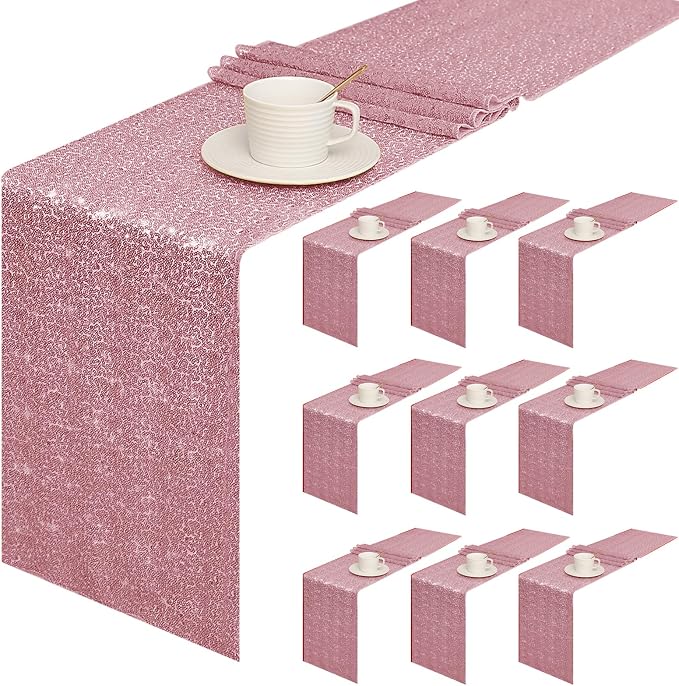 Sugargirl 10 Packs 12 x 72 inches Sequin Table Runner, Glitter Rose Pink Table Runner for Birthday Party Supplies Wedding Holiday Celebration Event Decorations
