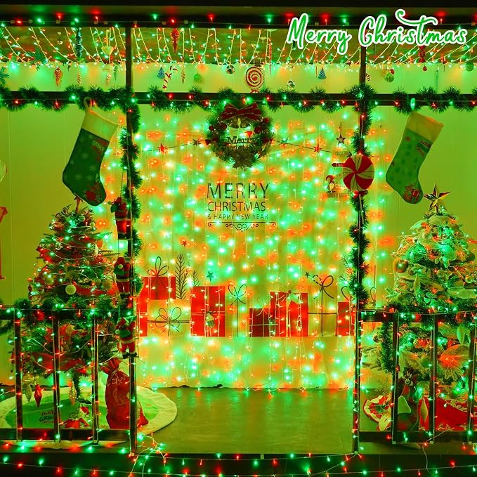 YEGUO Battery Operated String Lights, 2 Pack Each 33ft 100 LED Twinkle Fairy Lights Outdoor Waterproof, 8 Modes Clear Wire Red and Green Christmas Lights Indoor with Remote