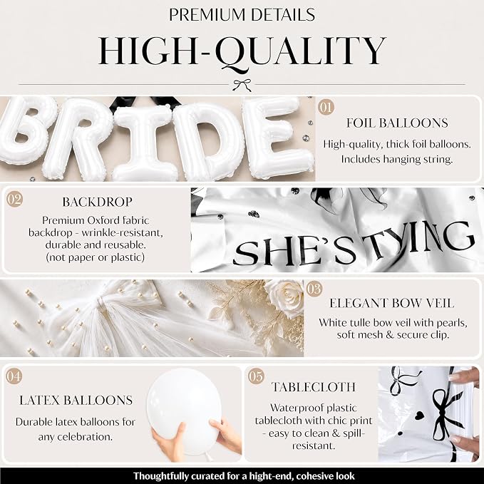 325 Pc Black Bow Bridal Shower Decorations Set - She’s Tying the Knot Bridal Shower Decorations with Black Bow Balloons, Backdrop, Bride to Be Banner - Elegant Bachelorette Party Decor Kit