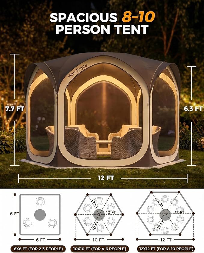 12x12 FT Pop-Up Screen Tent, Portable Screen Room Canopy with Zipper Doors for Patio, Backyard, Deck & Outdoor Activities, Brown