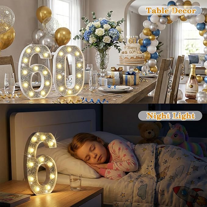 12.6 Inch LED Silver Marquee Light Up Numbers, 13th Birthday Decorations Number Lights as Gifts for Girls Boys, Glitter Lighted Marquee Numbers for Silver Anniversary Party Table Decor, 13