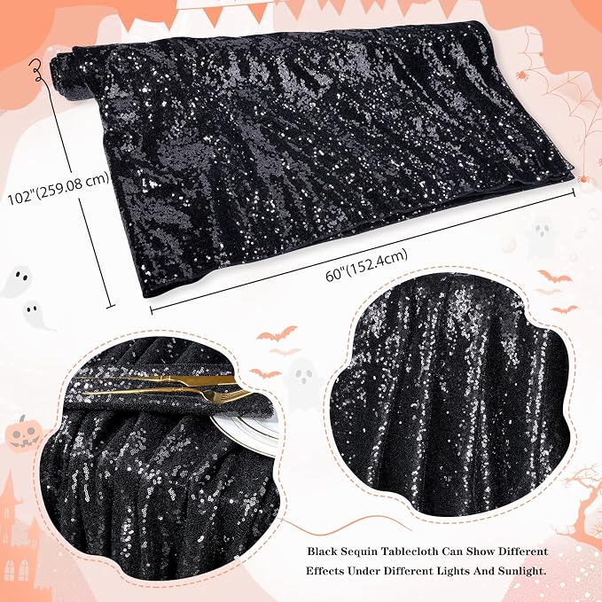 MoKoHouse Black Tablecloth Rectangle 60" x 102" Glitter Table Cloth Sequin Fabric for Halloween Party Wedding Ceremony Cake Dessert Table Decorations