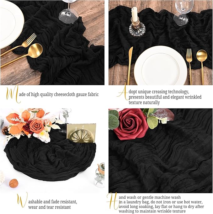 8 Pack Black Table Runner 10FT Cheesecloth Table Runner Boho Gauze Table Runners Long Rustic Sheer Fabric Table Runners for Wedding Party Bridal Shower Farmhouse & Home Decor