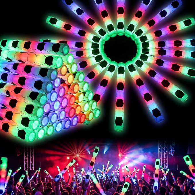 JellyArch 48 Pcs Sports Party LED Foam Sticks Football Foam Light up Cheer Sticks Batons with 3 Flashing Modes for Sports Events Birthday Parties Football Match Celebrations