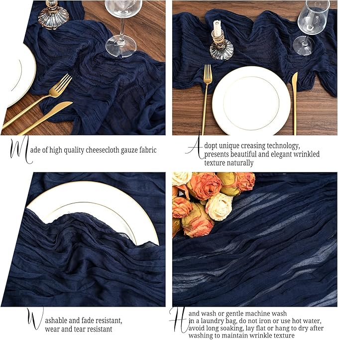 12 Pack Navy Blue Table Runners 10Ft Cheesecloth Table Runner Rustic Gauze Table Runner Romantic Long Sheer Fabric Cheese Cloth Table Runner for Wedding Party Bridal Baby Shower
