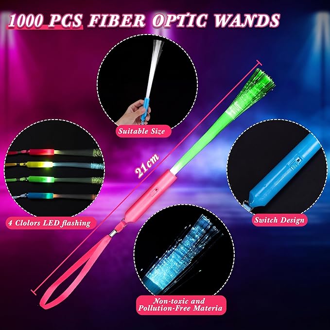 Junkin 200 Pcs Fiber Optic Wands Glow LED Light up Wand Bulk Flashing Sticks with Included Batteries for Party Favors Wedding Birthday Carnival