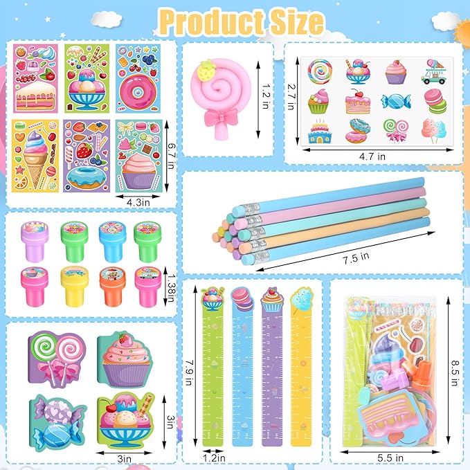 BenLouis 96Pcs Candyland Party Favors Ice Cream Donut Mini Notebook Stampers School Stationery Bulk for Kids Lollipop Sweet Treats Birthday Goodie Bags Pinata Filler Classroom Prizes Supplies
