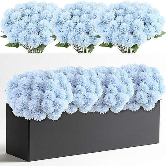 12 Bundle Artificial Mums Flowers for Outdoor Spring Decoration,Faux Ball Chrysanthemums Bouquet Fake Silk Flower for Vase Easter Table Floral Arrangement Wedding Home Decor(12, Blue)