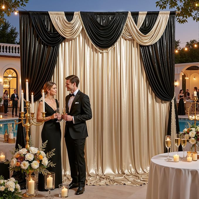 20ft x 10ft Champagne Black Sequin Backdrop Curtain for Parties, Wrinkle Free Glitter Photo Backdrop Drapes 4 Panels 5x10ft Back Drop Cloth for Wedding Photography Background