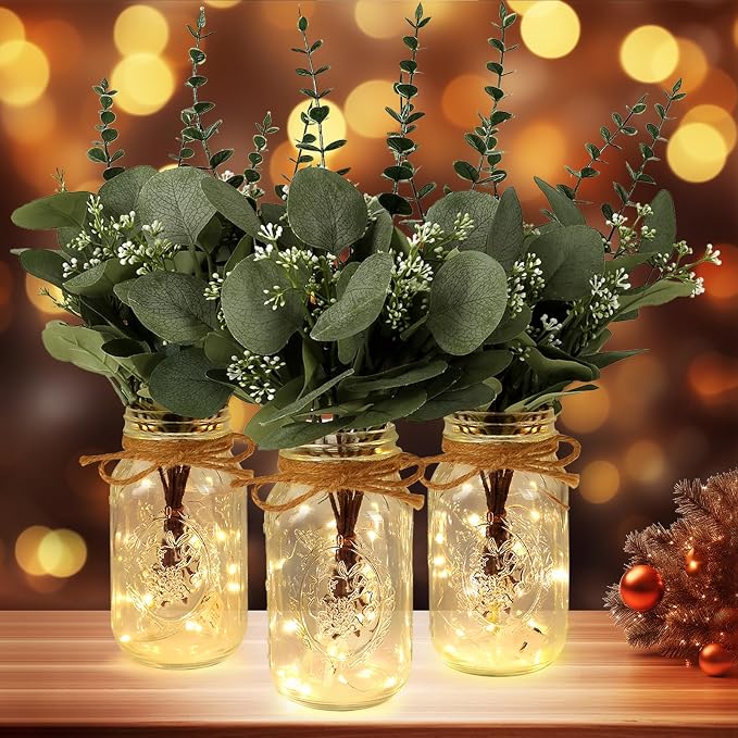 Set of 3 Mason Jar Lights, Plant Decorative Jars Vase Holiday Table Decor | Farmhouse Table Centerpiece for Home Wedding Event Party Decor