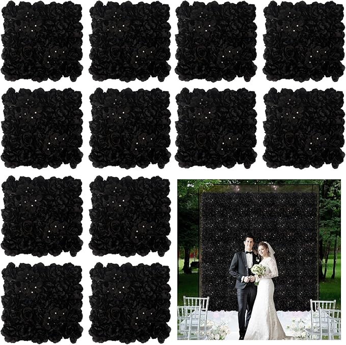 3D Flower Wall Backdrop - 12Pcs 15×15 Inch Artificial Rose Panels Black Silk Floral Decor for Home Party Wedding Anniversary Birthday Photographic Studio Background & Decorative Fences