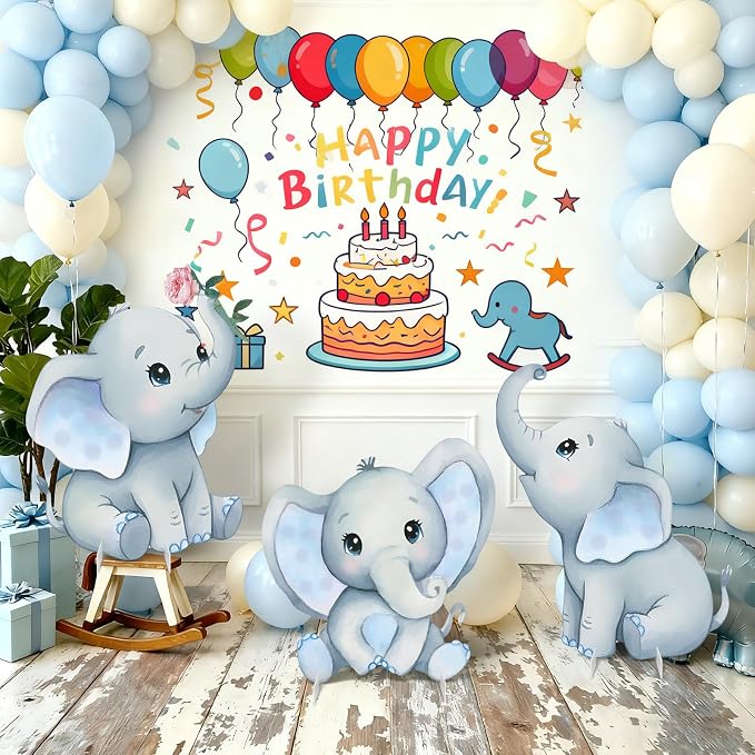 3Pcs Elephant Baby Shower Decorations, Large Baby Elephant Cardboard Cutouts Standup, Blue Cartoon Birthday Party Signs for Photo Booth Props Backdrops Decor Displays Party Supplies
