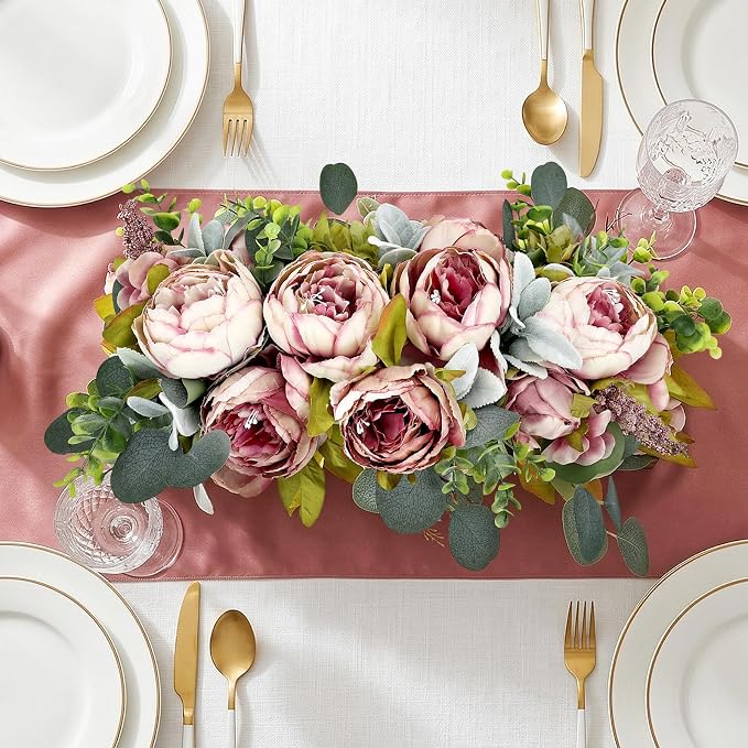 Pre-Made Flower Table Centerpieces for Dining Room Wedding Artificial Peony Table Decorations Wood Tray with Fake Flowers for Living Room Party Bar Kitchen Table(Vintage Pink)