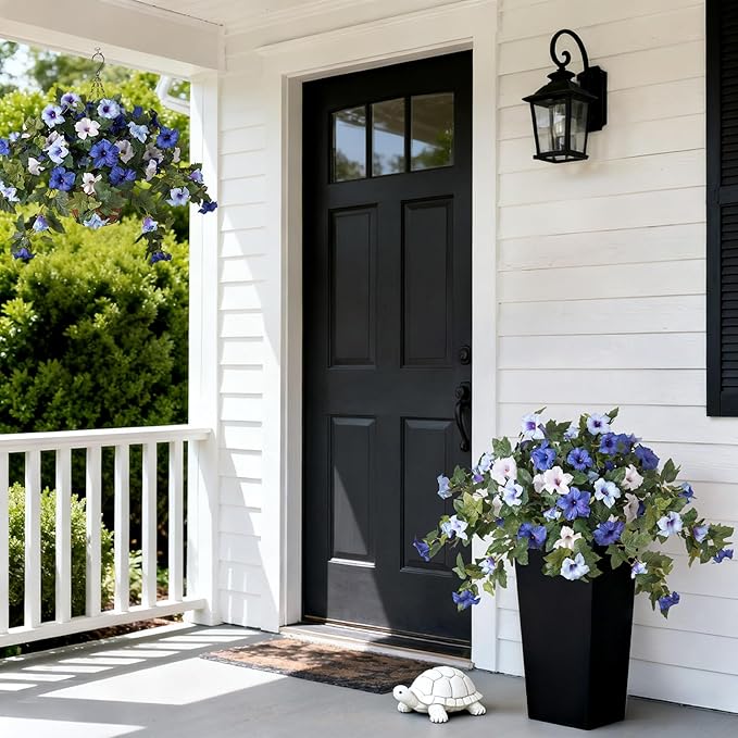 Ammyoo Artificial Fake Petunia Flowers for Outdoor Decoration, 2PCS Faux Silk Petunias Flower for Spring UV Resistant No Fade Realistic Plants for Garden Balcony Yard Porch Indoor Decor(Blue White)