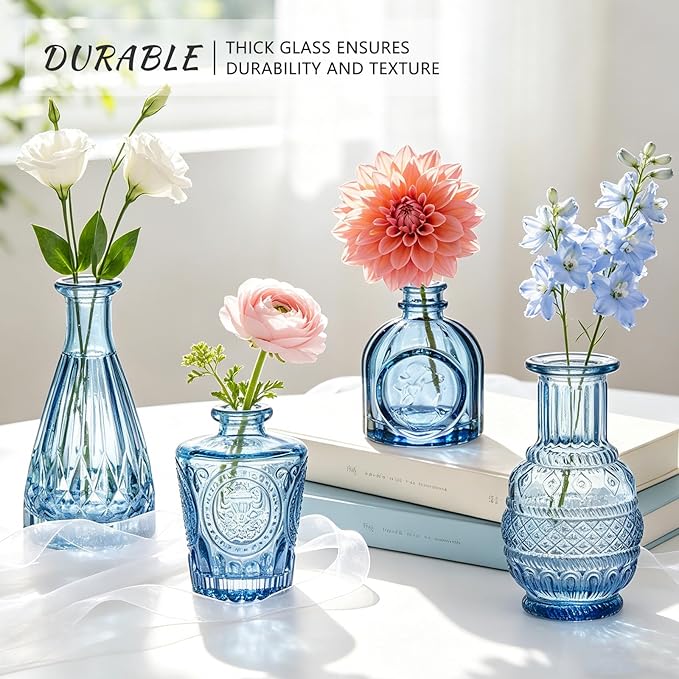 SUPMIND 6pcs Glass Bud Vase Set, Small Blue Flower Vases for Centerpieces in Bulk, Mini Vintage Vase for Wedding, Home Decor, Table Decoration