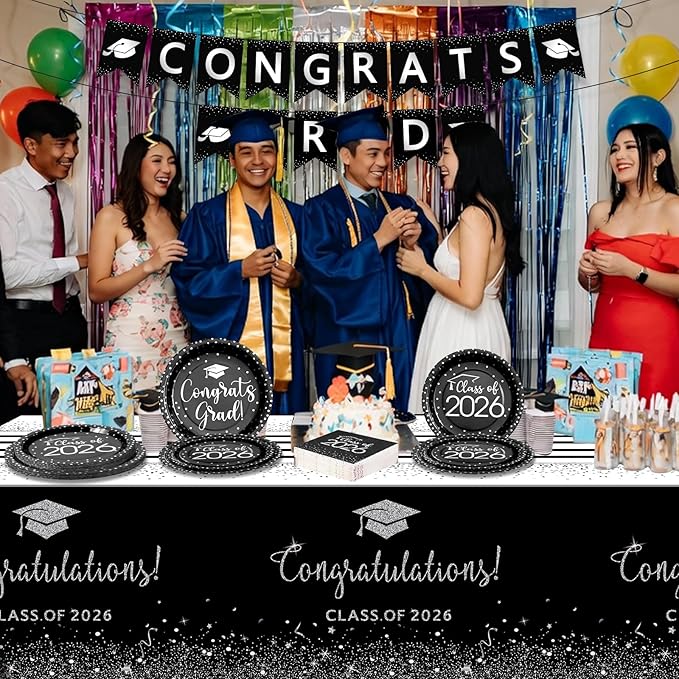354Pcs Black and Silver Graduation Decorations Set,2026 Graduation Party Supplies Serves 50,Includes Congrats Grad Banner Paper Plates Cups Napkins Tablecloths Tableware for Class of 2026