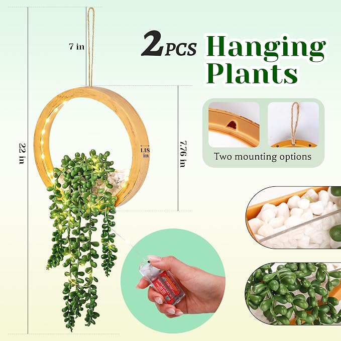 Der Rose 2 Pack Lighted Hanging Plants, Artificial String of Pearls Plants with Warm LED Lights, Aesthetic Fake Plants for Wood Tone Bedroom Bathroom Living Room Wall Decor, Party & Gift for Women