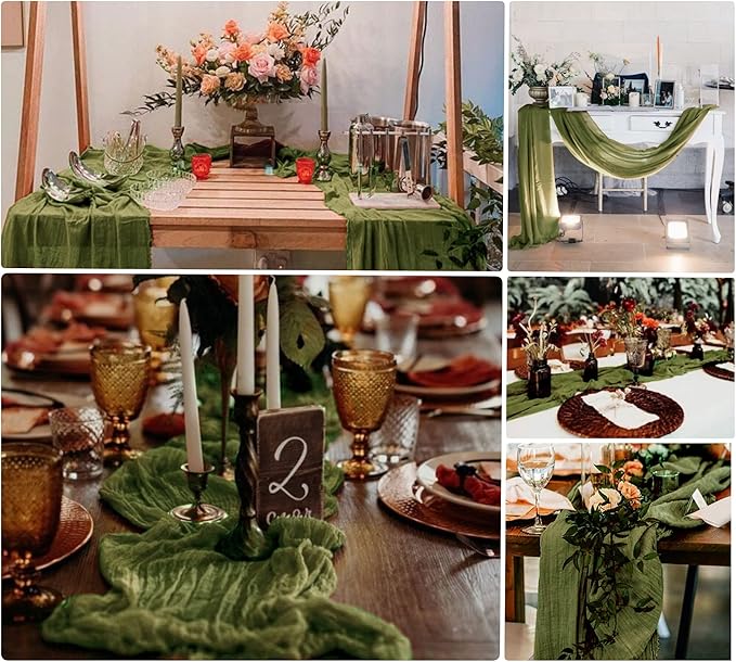 8 Pack Grass Green Cheesecloth Table Runner 10Ft Boho Table Runners 35x120Inch Romantic Cheese Cloth Table Runner for Wedding Birthday Party Bridal Baby Shower Engagement Holiday Christmas Table Decor