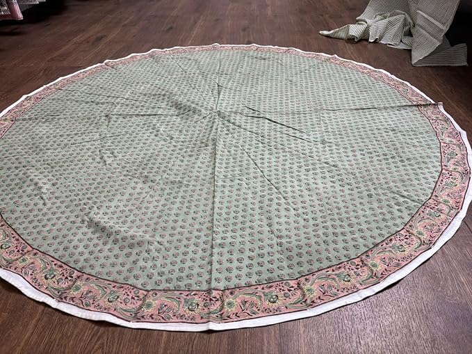 Ridhi Round Tablecloth Hand Block Print 100% Cotton Reusable Swamp Green 110 Inch Table Cover Decorative Everyday Use for Dining, Home, Party, Wedding, Farmhouse, Party Gift for Spring, Mother's Day