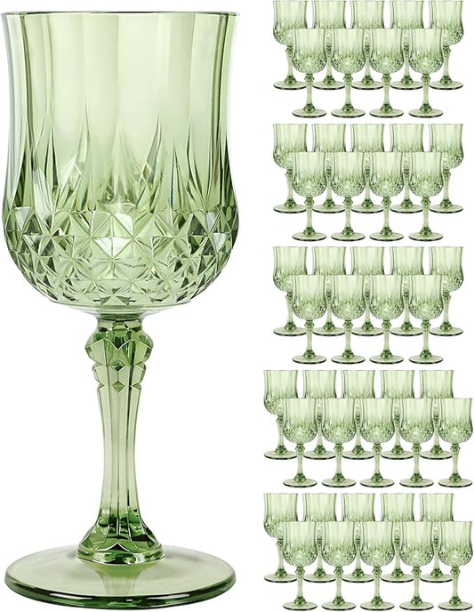 Plastic Wine Glasses Set, 7oz Vintage Goblets Shatterproof Unbreakable Reusable & Disposable, Drinking Glasses with Stem, for Wedding Outdoor Dinner Easter Party (48pcs, Green)