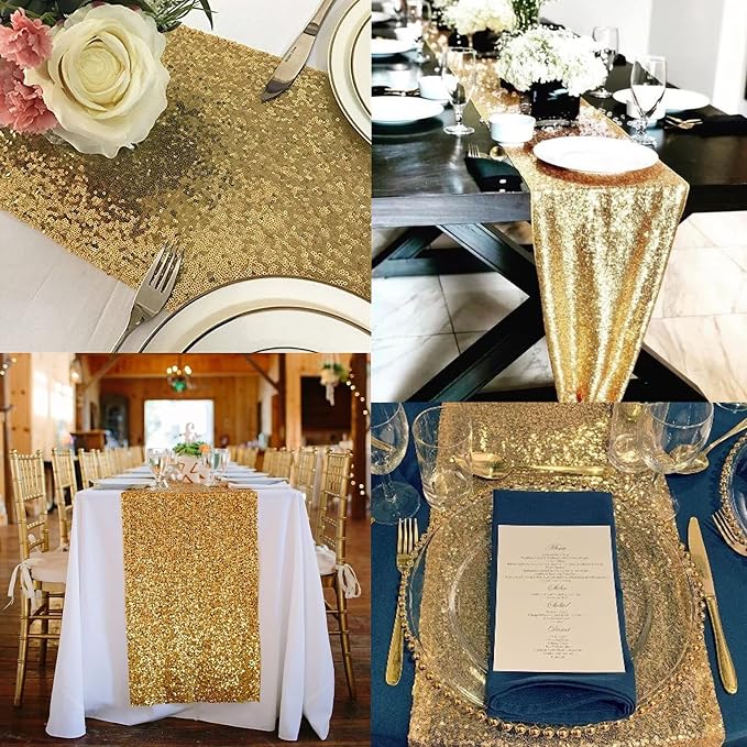 12 Packs Sequin Table Runner Champagne Gold 12 X 108 Inch Glitter Dining Table Runner for Birthday Wedding Engagement Bridal Baby Shower Bachelorette Holiday Celebration Party Supplies Decorations