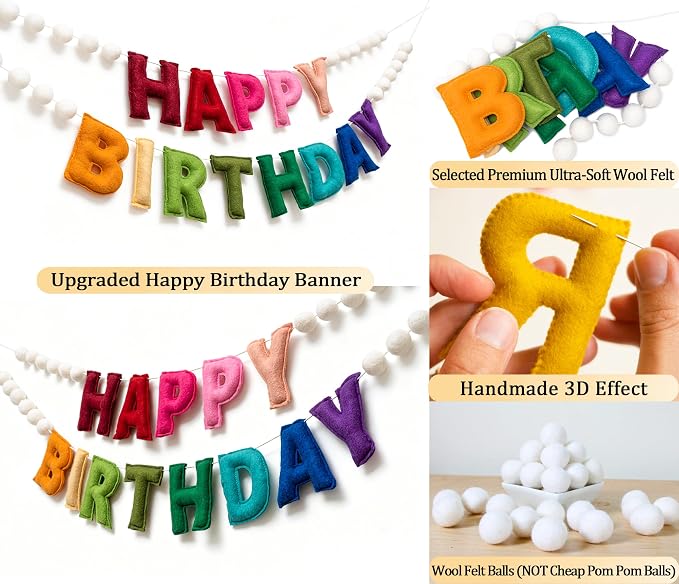 2Pcs Upgraded Pre-Strung Ultra-Soft Wool Felt Happy Birthday Banner Sign, Felt Ball Garland, Rainbow Theme Party Decorations, Reusable Colorful Birthday Garland for Party Decor, Room Decor, Photo Prop