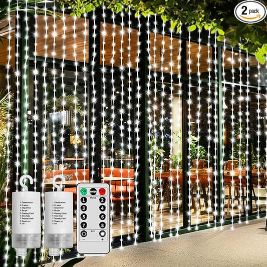 300 LED Curtain Lights Battery Operated, 2Pack 10ftx10ft Battery Power Fairy Curtain String Lights with Remote Timer, for Outside Patio Backdrop Indoor Bedroom Wedding Decor Cool White