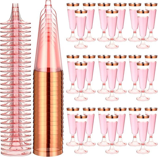 Thenshop 50 Pack Rose Gold Plastic Champagne Flutes 5.5 oz Elegant Clear Disposable Champagne Glasses Detachable Hard Toasting Glasses for Wedding Party Fancy Vino Cocktail Cups (Pink)