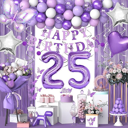 25th Purple Birthday Decorations for Women, Purple Pink 25th Birthday Decorations Butterfly Theme Lavender Party Decor Set with Number Balloons, Banner, Sash, Butterfly Stickers