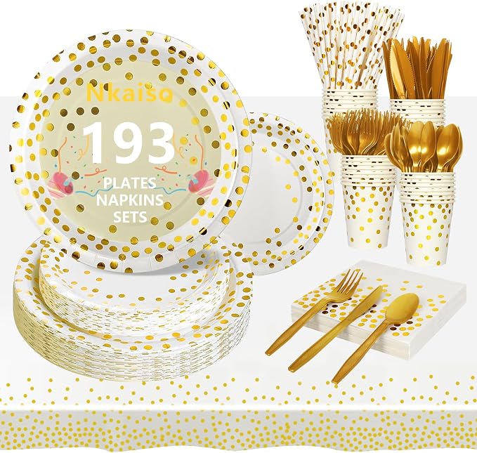 Nkaiso 193 Pcs White Gold Paper Plates and Napkins Party Supplies Sets Include White Party Plate Cup Napkin Plastic Cutlery for Baby Shower, Wedding, Birthday Decoration -24 Guest