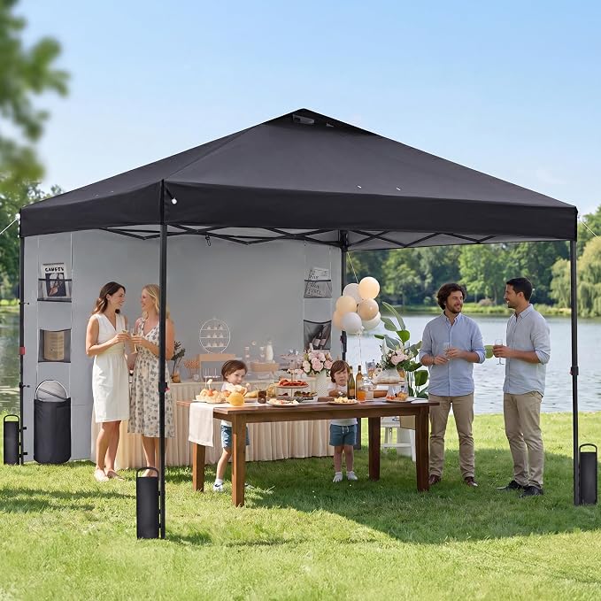 GAFETE 10×10 Pop Up Canopy Tent with 1 Pockets Sidewall, Easy up Sun Shade with One Push Setup, Portable Instant Outdoor Canopy Tent for Events Parties Camping with Carrying Bag (Black, 10x10 FT)