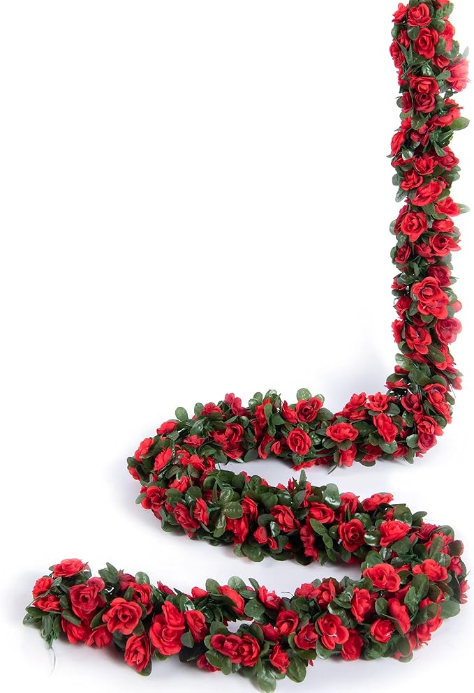 PONKING 8 Pcs x 8.2 ft Flower Garland Artificial Rose Vine Flowers with Green Leaves Hanging Fake Roses Vine for Room Party Home Wedding Birthday Christmas Wall Arch Decor, Spring Red Flower
