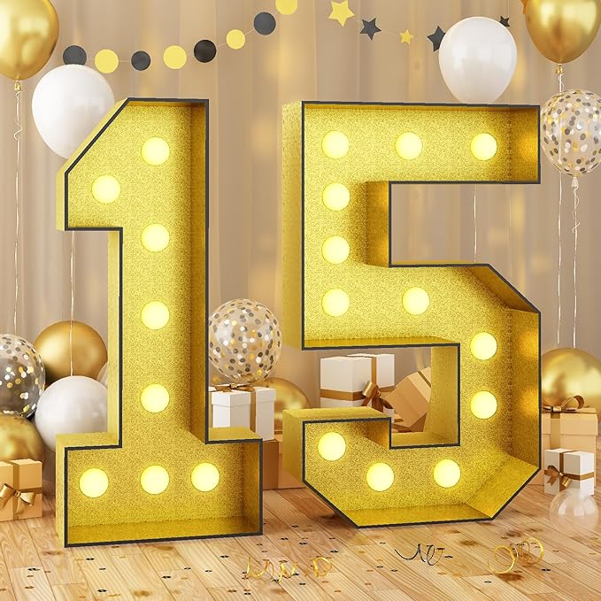 Number 15 Marquee, 4FT Light Up Numbers Gold Large Light Up Number Mosaic Number for 15th Birthday, Giant Light Up Number 4 Feet Tall DIY Frame Pre-Cut Foam Board Kit for Graduation Anniversary Party