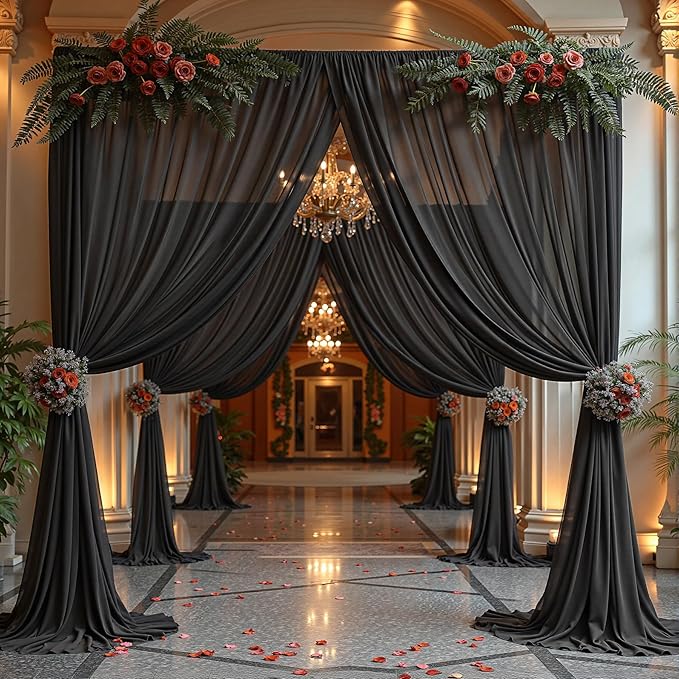 20ft x 10ft Black Backdrop Curtains, Wrinkle-Free Sheer Chiffon Fabric Photo Background Drapes for Wedding Arch Party Ceremony Stage Photography Decorations