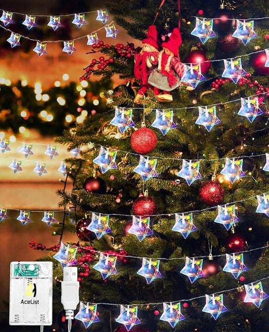 AceList 50 LED Iridescent Decor 10Ft Star String Lights USB/Battery Operated String Lights Indoor/Outdoor, Holographic Decor for Christmas Birthday Party Tent(White)