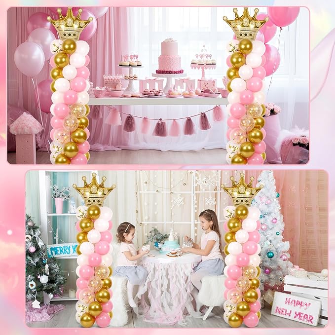 2 Sets Princess Party Balloon Column Stand Kit With 102 Crown Foil Balloons 5.57Ft Adjustable Balloon Tower Stand With Base Pink and Gold Arch Column for Girls Birthday Baby Shower Party Supplies