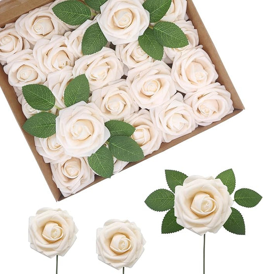 JOYLEX Artificial Flowers Realistic Roses, 100pcs Real Looking Fake Roses with Stem for DIY Wedding Bouquets Centerpieces Bridal Shower Party Home Romantic Decorations (Champagne)