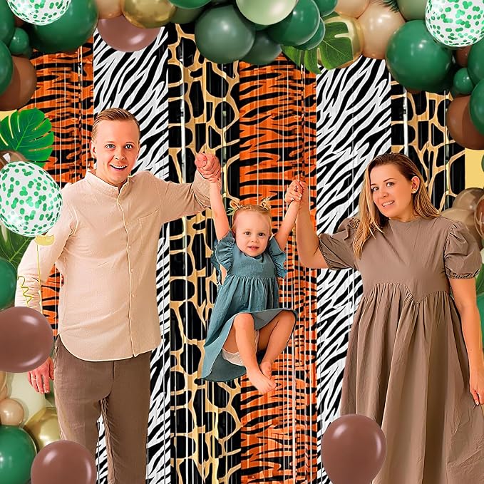 Jungle Safari Balloon Arch Garland Kit Birthday Party Decorations, Animal Foil Fringe Curtains Backdrop Tinsel Streamers Banner Tropical Palm Leaves for Safari Themed Wild Party Decor Supplies Favors