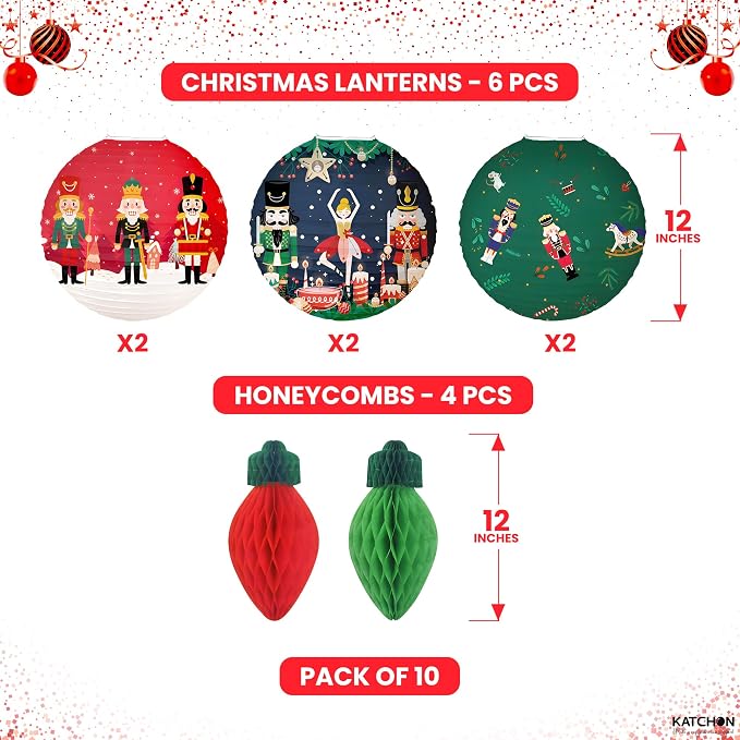 KatchOn, Hanging Christmas Decorations Indoor – 10 PCS | Festive Christmas Paper Lanterns & Honeycomb Ornaments | Nutcracker christmas Decor | Holiday Hanging Decor | Nut Cracker Ornaments
